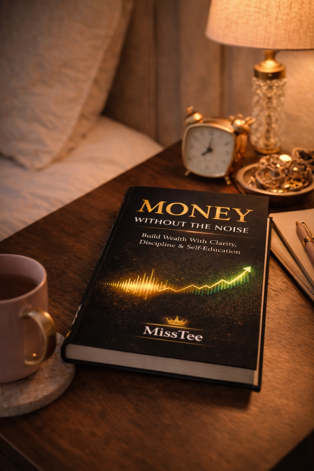 Money Without Noise book cover featuring a calm guide to financial freedom for women and creatives